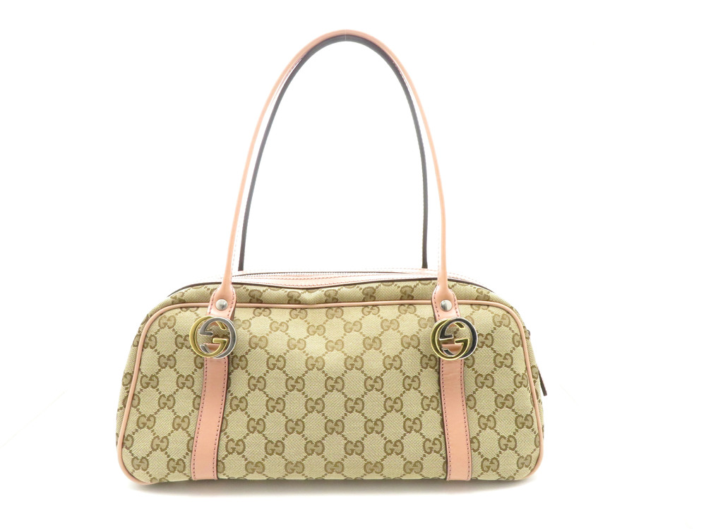 Gucci GG Twins Boston Bag Beige Cream Pink Canvas
